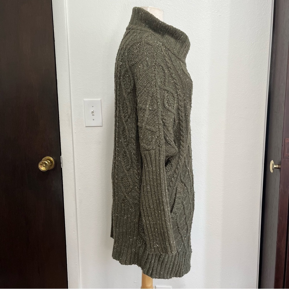Prana Sweater Small Chunky Turtleneck Cable Knit Olive Green Cardigan Lagenlook - Picture 4 of 7
